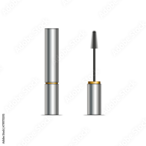 A mascara tube and a wand applicator brush metallic color isolated on white background blank cosmetic vector 3d mockup, open and closed tubes makeup product.