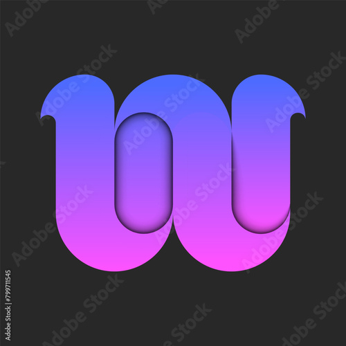 Letter W logo initial 3d design vibrant purple gradient smooth layers, creative typography symbol with overlapping surfaces and shadows.