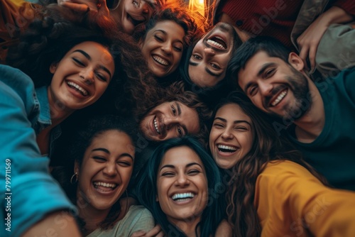 Group of diverse young people having fun together at a party, smiling and looking at camera