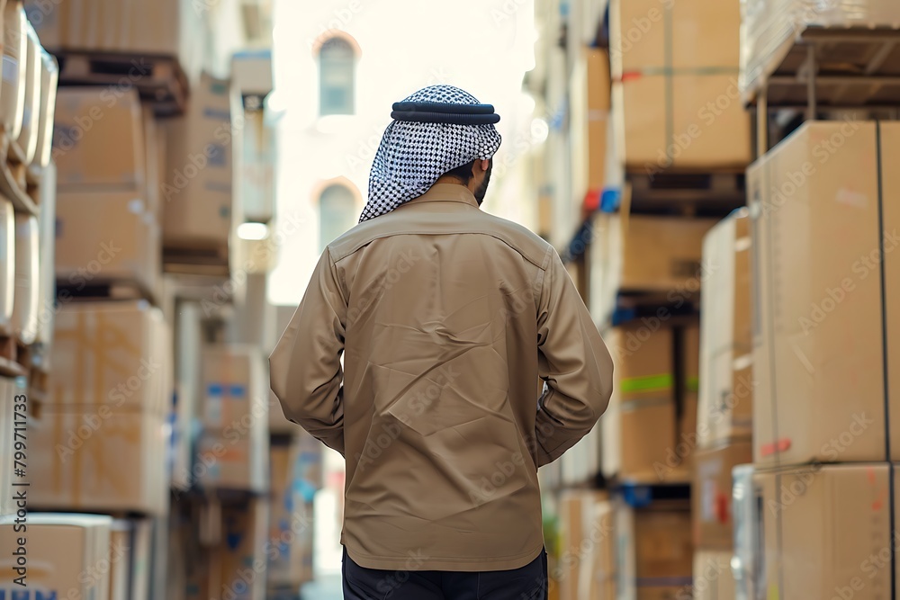 A arabic man wearing a Saudi bisht, in a warehouse full of stacks of cardboard ready to be sent to customers.