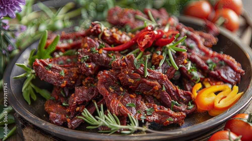 platter of crispy sun-dried beef strips arranged with fresh herbs and vegetables, offering a tantalizing blend of flavors and textures for a satisfying eating experience.