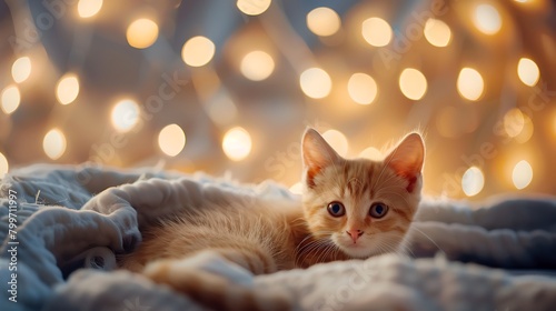 Christmas ginger kitten on the bed blur background