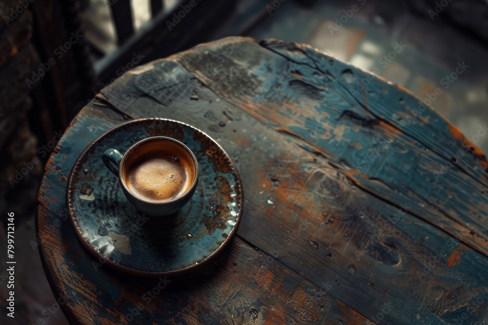 A cup of coffee in the morning on a wooden table A cup of coffee in the morning on a wooden table