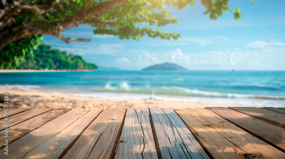 Wooden board with the beach in the background created with Generative Ai technology