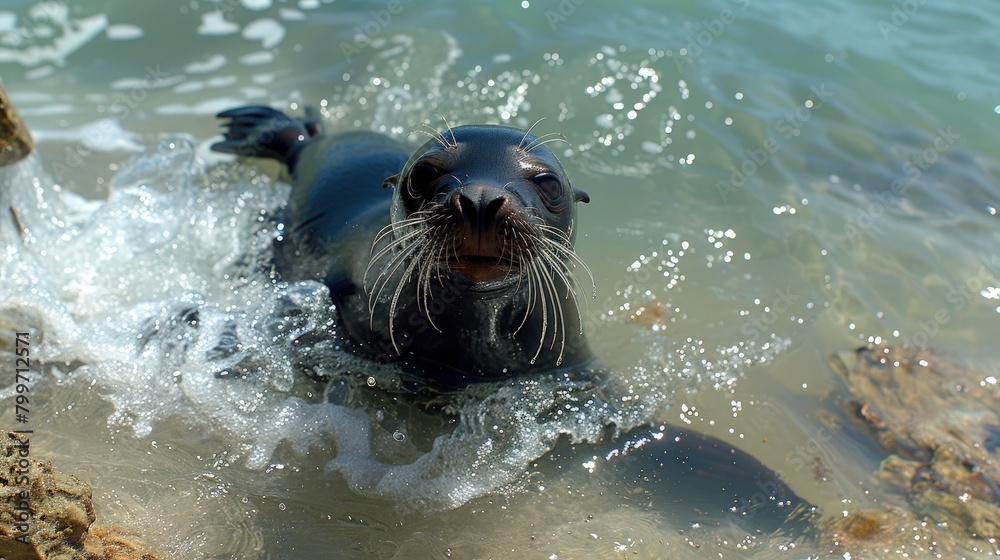 Obraz premium A seal frolicking in the surf along a rugged coastline, its sleek body darting in and out of the crashing waves.