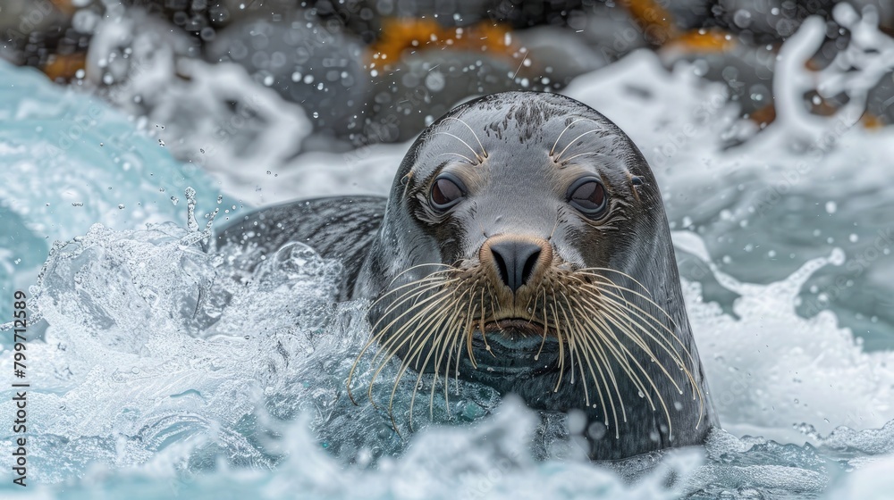 A seal frolicking in the surf along a rugged coastline, its sleek body darting in and out of the crashing waves.