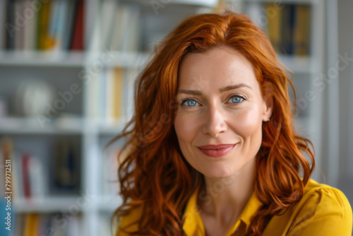 portrait of happy businesswoman in office, close up, wearing yellow shirt, red hair and blue eyes, looking at camera, white background with bookshelves behind her, soft light