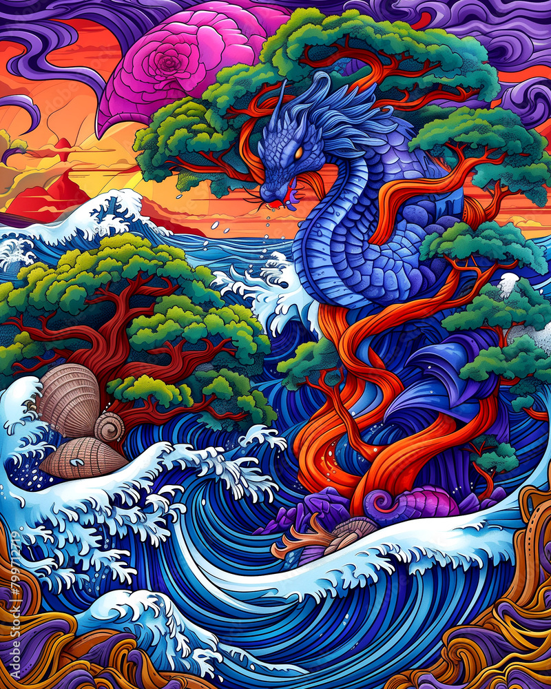 A painting of a blue dragon with a tree trunk on its back