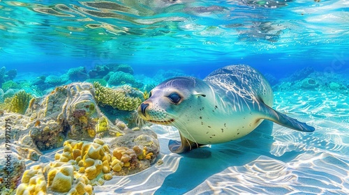 A seal swimming gracefully in crystal-clear waters  surrounded by vibrant coral reefs.