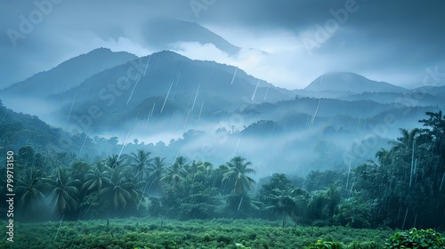 serene image of a tranquil countryside landscape during a gentle rainfall, with lush greenery and misty mountains shrouded in the soft veil of rain, evoking a sense of peace and renewal in nature. photo