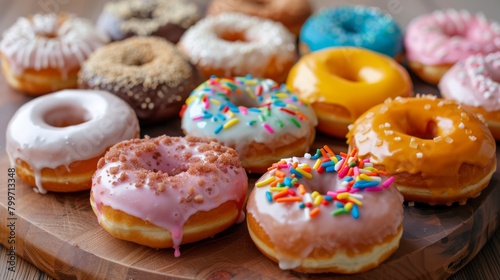 A colorful assortment of freshly baked donuts arranged on a serving platter, tempting viewers with their delicious glazes and toppings.