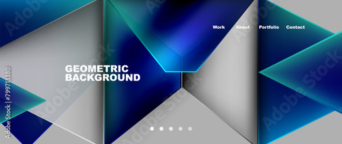 A symmetrical pattern of blue and green triangles on a gray background, resembling a flooring design, with hints of electric blue and magenta triangles creating a vibrant contrast