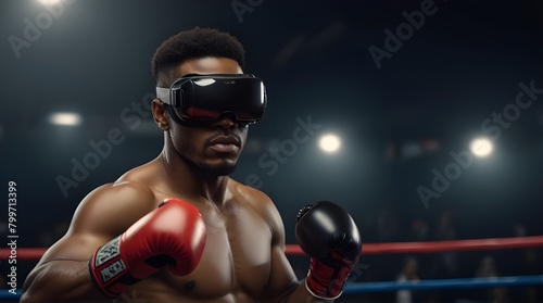 Afro-American boxer wearing gloves and VR goggles. Boxing sport in 360 degrees virtual reality.generative.ai © Waqar