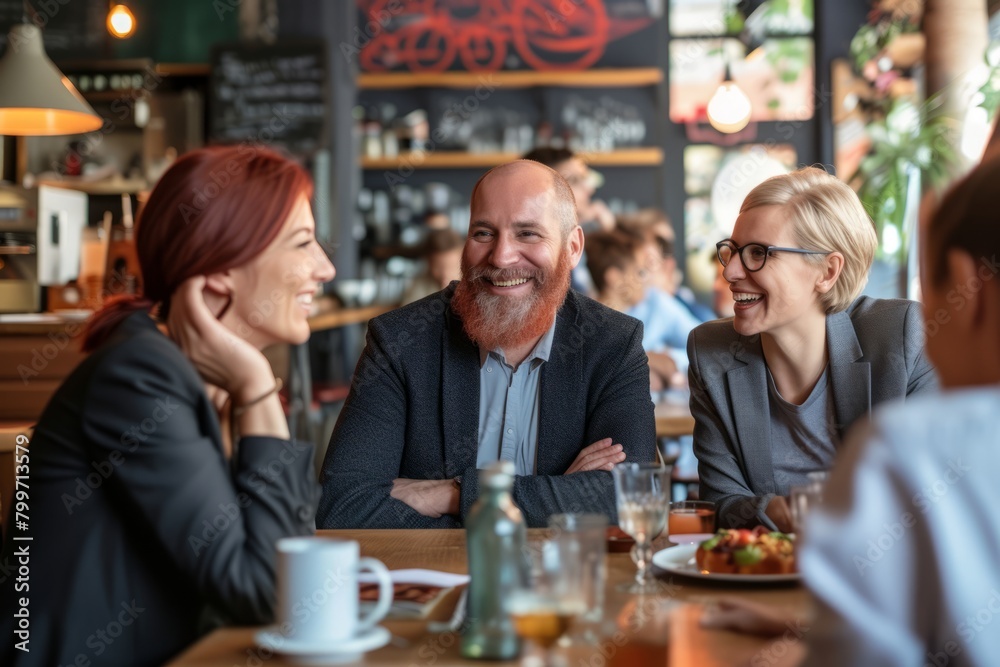 Smiling mature man sitting in a restaurant with his friends looking at the camera