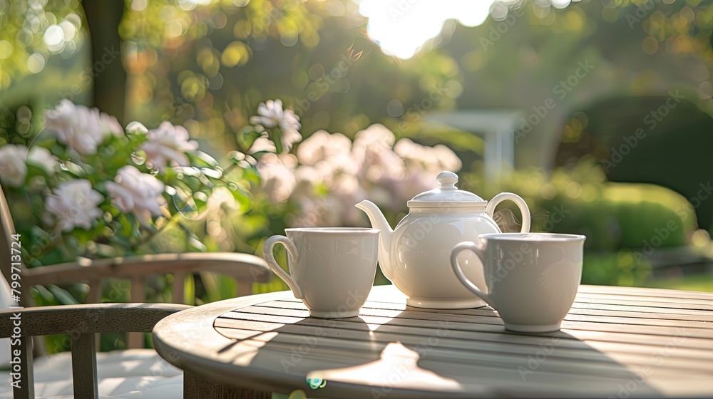 tranquil outdoor setting with a teapot and cups arranged on a wooden table, inviting guests to enjoy a leisurely afternoon tea. tranquil outdoor setting with a teapot and cups arranged on a wooden table, inviting guests to enjoy a leisurely afternoon tea.