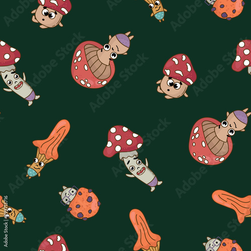 Seamless pattern with mushroom characters. Design for fabric, textile, wallpaper, packaging.   © Helga KOV