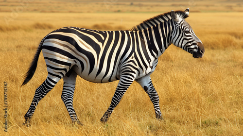 Close up zebra walking on field.