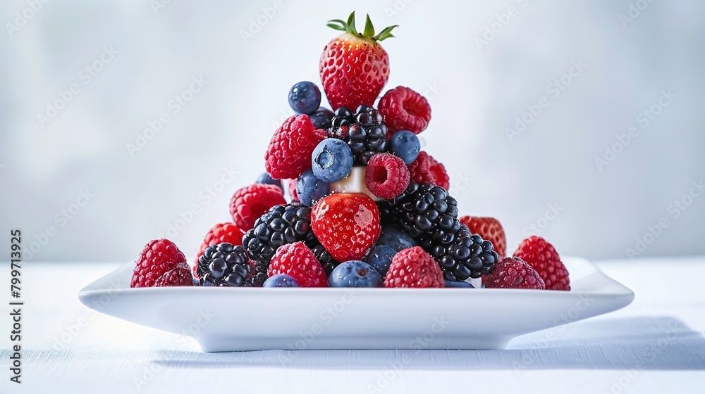 Pyramid of mixed berries on a white plate. Generated AI. Pyramid of mixed berries on a white plate. Generated AI.