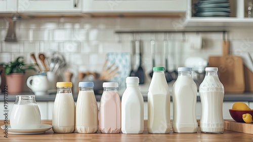 A variety of flavored milk cartons arranged on a kitchen counter, showcasing options such as tangy yogurt milk, sweetened condensed milk, and smooth vanilla milk for daily consumption. photo