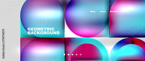Colorful geometric background featuring circles and squares in shades of azure, purple, violet, pink, aqua, and magenta. The design includes rectangles and a gaslike pattern