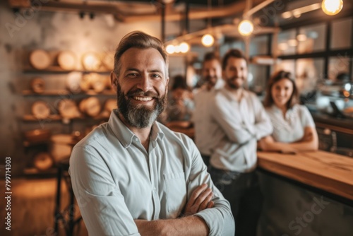 Cheerful bearded man smiling and looking at camera while standing in cafe