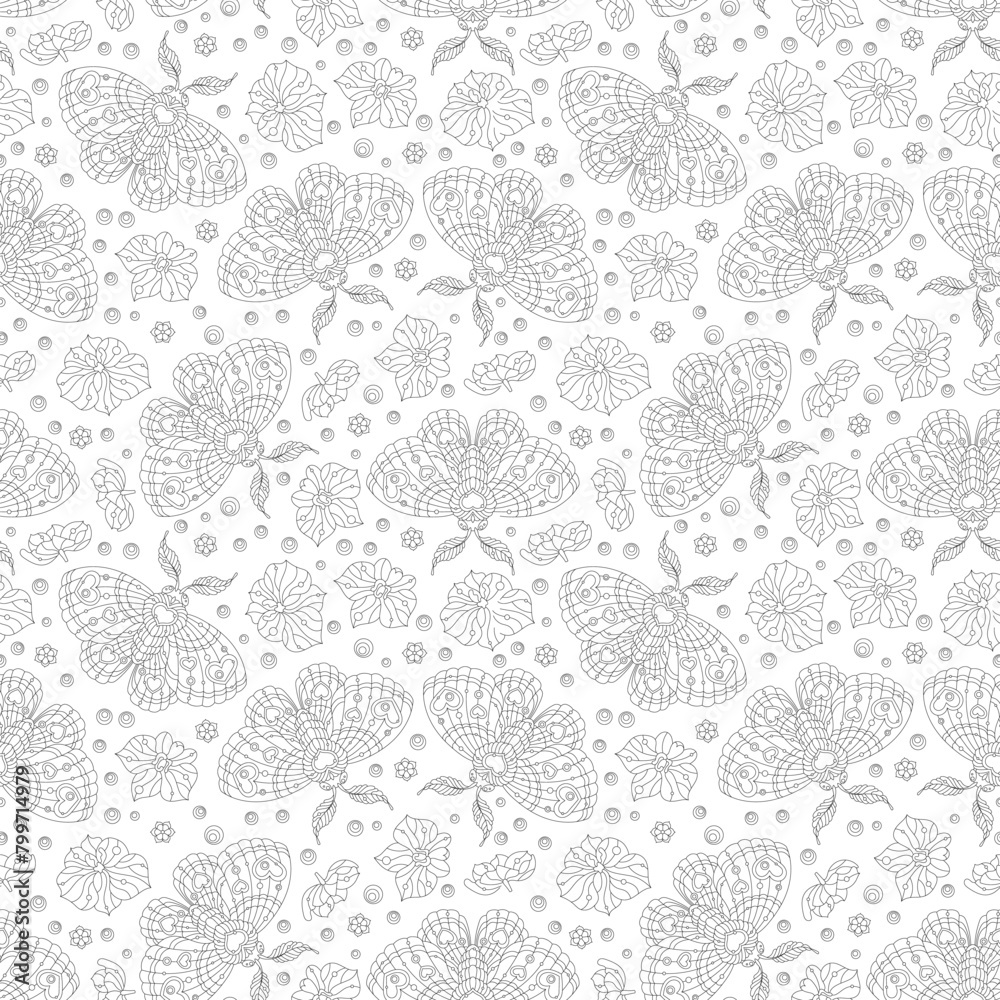A seamless pattern with dark contour moths and orchid flowers, on a white background A seamless pattern with dark contour moths and orchid flowers, on a white background