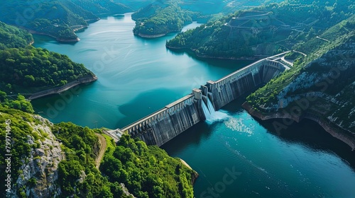 An aerial view of a massive hydroelectric dam spanning a vast river valley, harnessing the power of water for clean energy production and water resource management in a sustainable manner.