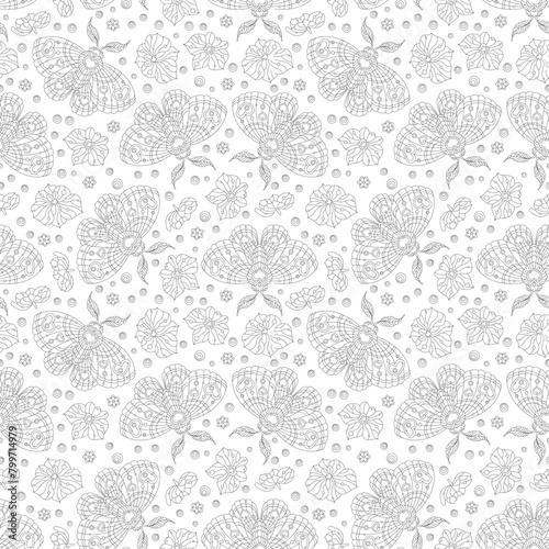 A seamless pattern with dark contour moths and orchid flowers, on a white background