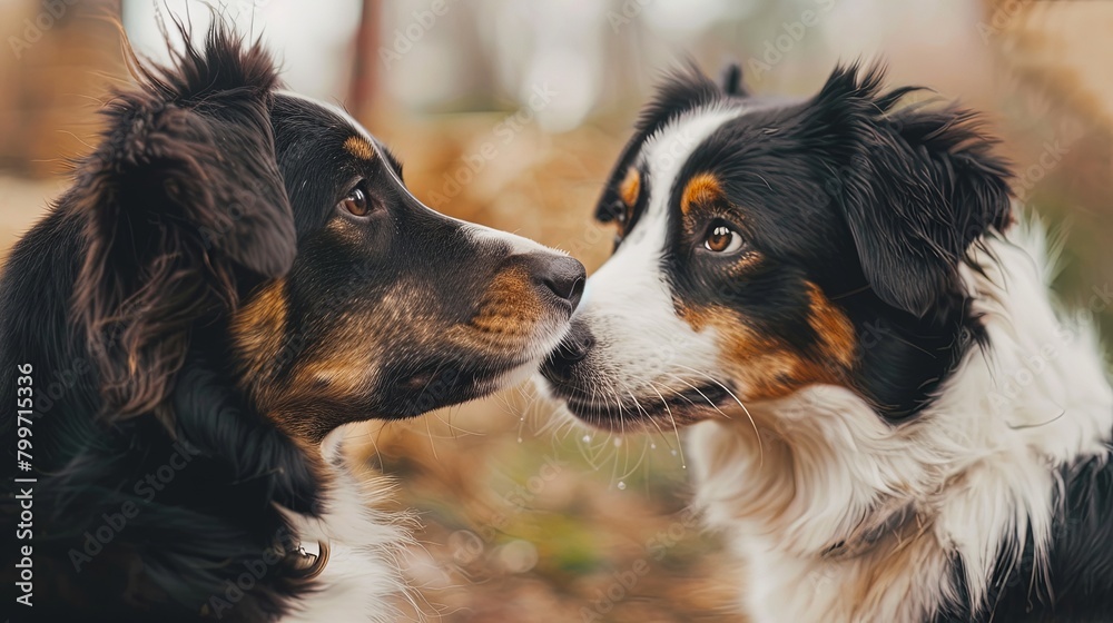 An endearing image of a male and female dog sitting together, their heads tilted towards each other in a loving gesture, 