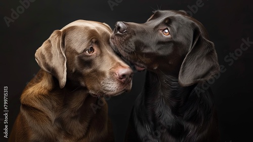 An endearing image of a male and female dog sitting together, their heads tilted towards each other in a loving gesture, 