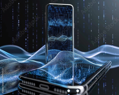 Smartphone mockup with an ultra-clear screen displayed in front with an abstract AI data stream background photo