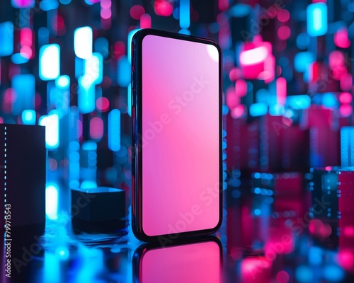 Smartphone screen mockup designed to stand out against a visually stimulating AI-themed background