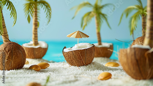 A couple of coconuts sitting on top of a sandy beach