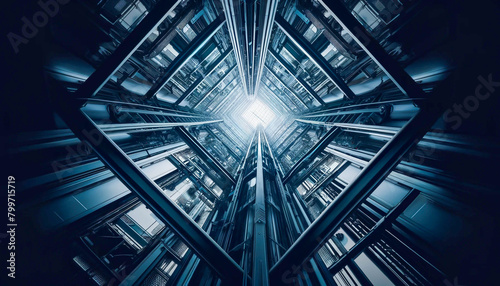Futuristic elevator shafts create a symmetrical pattern within a high-tech building...