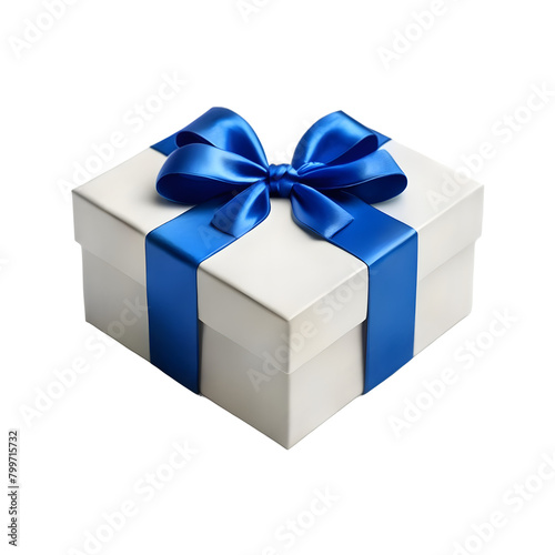 Pearl white gift box with a sapphire blue bow on a transparent background, PNG format