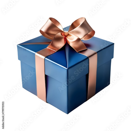 Sapphire blue gift box with a rose gold bow on a transparent background, PNG format