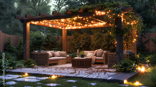 Twilight view of a cozy backyard patio with a pergola adorned with twinkling lights and comfortable seating.