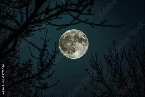 A full moon in the sky, surrounded by tree branches on a dark background