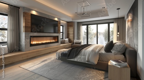 A modern master bedroom with a minimalist entertainment unit featuring a seethrough fireplace adding warmth and romance to the space. 2d flat cartoon. photo