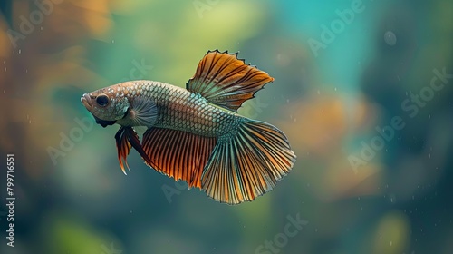 Close-up of a female Betta fish displaying her vibrant tail fin as she swims gracefully in a freshwater tank, showcasing the natural beauty and elegance of these popular aquarium fish.