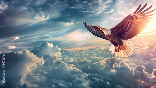 Eagle in flight with American flag, cloudfilled sky, powerful symbol of freedom photo