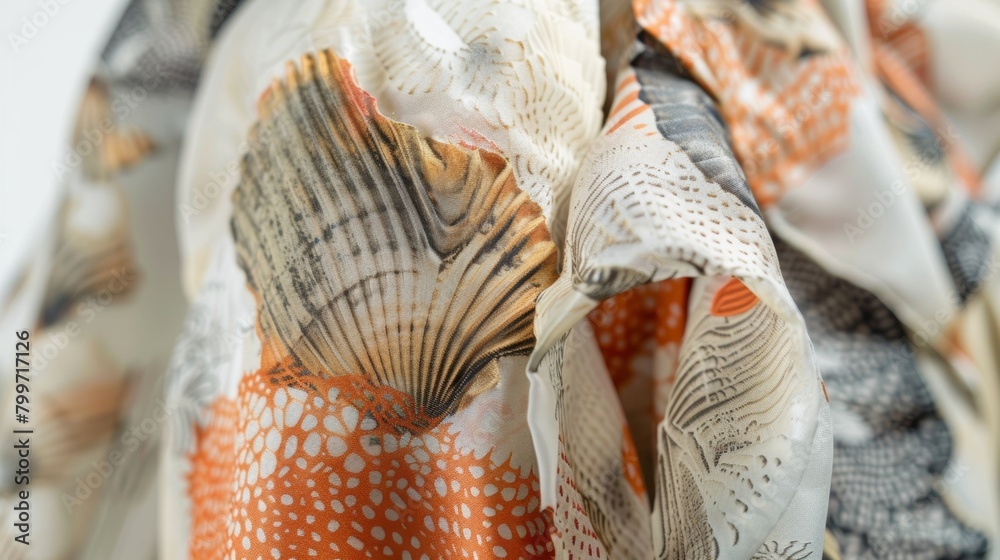 A delicate blouse made from ethically sourced silk printed with an intricate pattern of sea shells and corals emphasizing the use of natural elements in eco fashion..