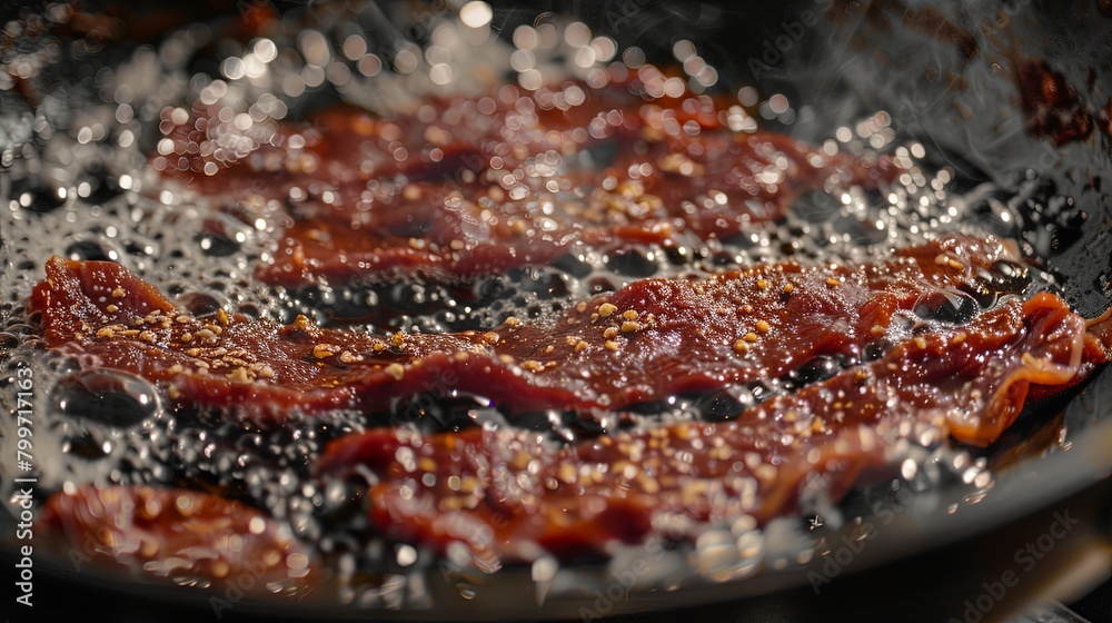 Close-up of a frying pan filled with sun-dried beef slices frying in bubbling hot oil, achieving a crispy and crunchy texture that enhances the beef's natural flavors.