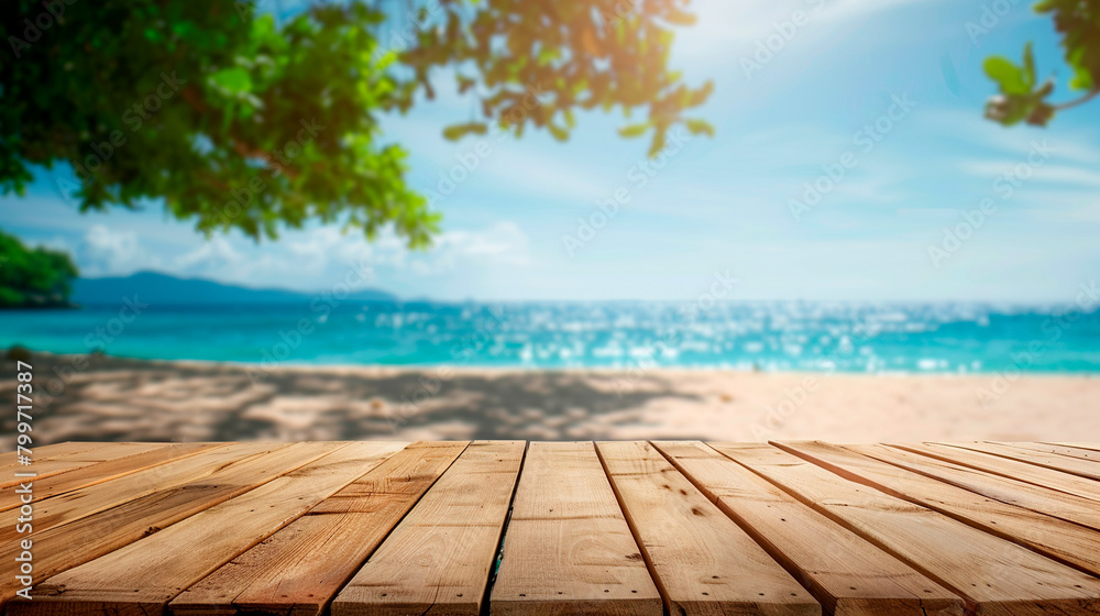 Wooden board with the beach in the background created with Generative Ai technology Wooden board with the beach in the background created with Generative Ai technology