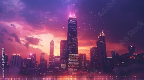 A modern skyscraper ablaze with lights  towering above the city skyline and symbolizing progress and innovation.