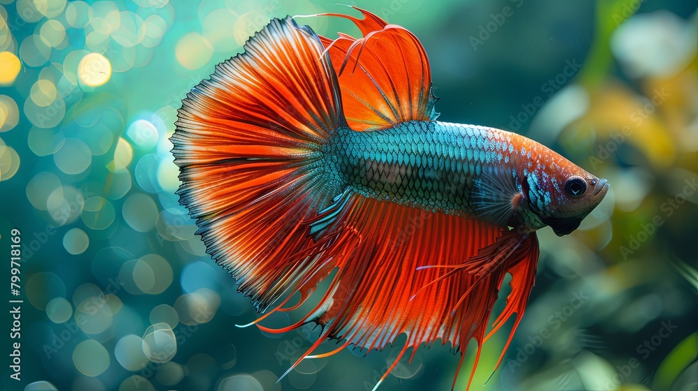 Close-up of a male Betta fish showing off its elaborate tail fin in a display of dominance or courtship, capturing the intricate patterns and vibrant colors of these exotic fish. Close-up of a male Betta fish showing off its elaborate tail fin in a display of dominance or courtship, capturing the intricate patterns and vibrant colors of these exotic fish.