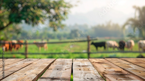 Wooden board with cows in the background created with Generative Ai technology