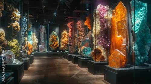 Create an exhibition display for a natural history museum featuring large abstract panels that mimic the growth patterns of crystals