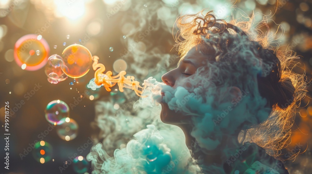 A person blowing colorful bubbles filled with smoke, creating a whimsical and enchanting scene.