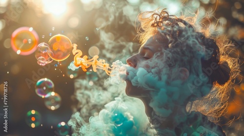 A person blowing colorful bubbles filled with smoke, creating a whimsical and enchanting scene.